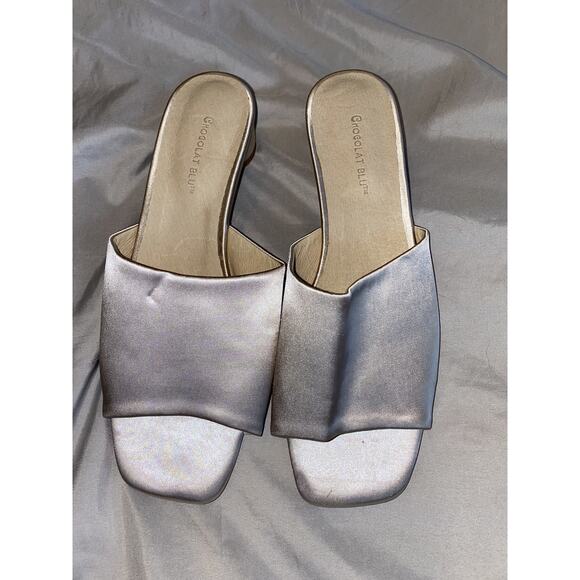 Chocolat Blu Women's 9 Satin Silver Slip-On Low Top Square Toe Slide Sandals